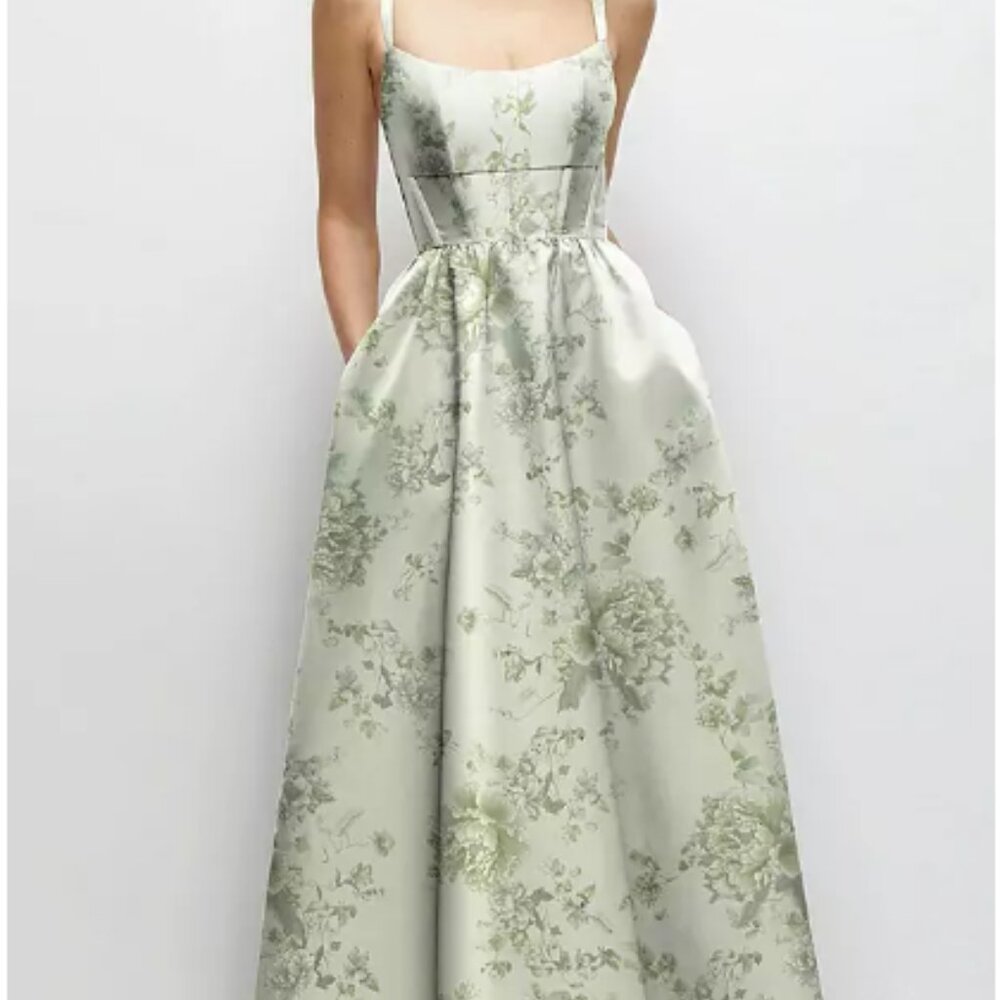 Dessy Scoop Neck Inset Corset Floral Satin Maxi Dress with Pockets - Picture 3 of 3